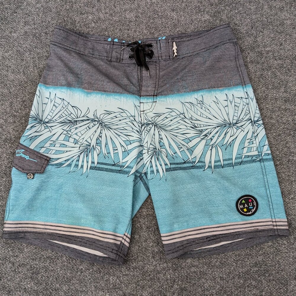 MAUI & SONS Board Short Men's 32 (34) Gray Blue‎ 4 Way Stretch Logo Tie Waist